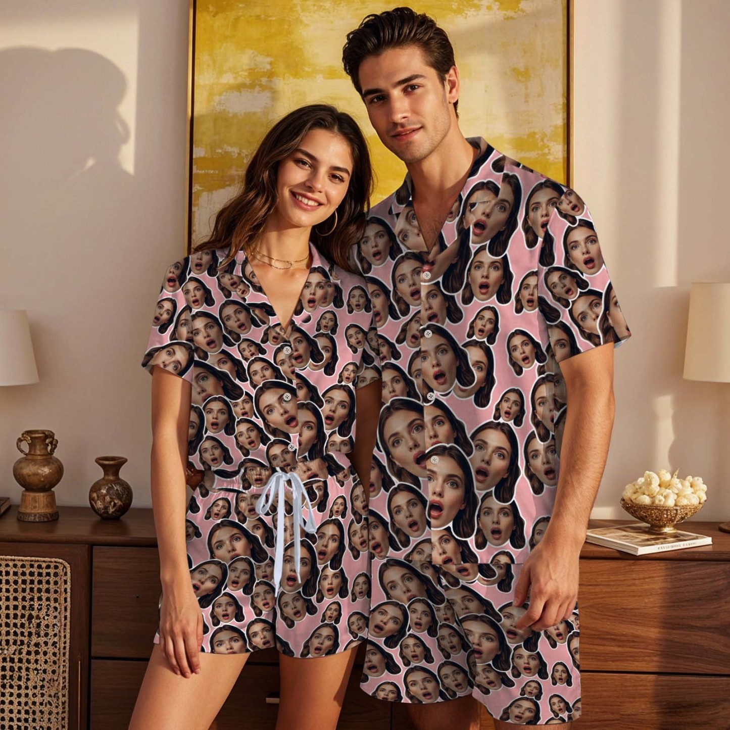 Custom Face Short Sleeved Pajamas Personalised Pink Sleepwear Love Gifts - MyPhotoSocksAu