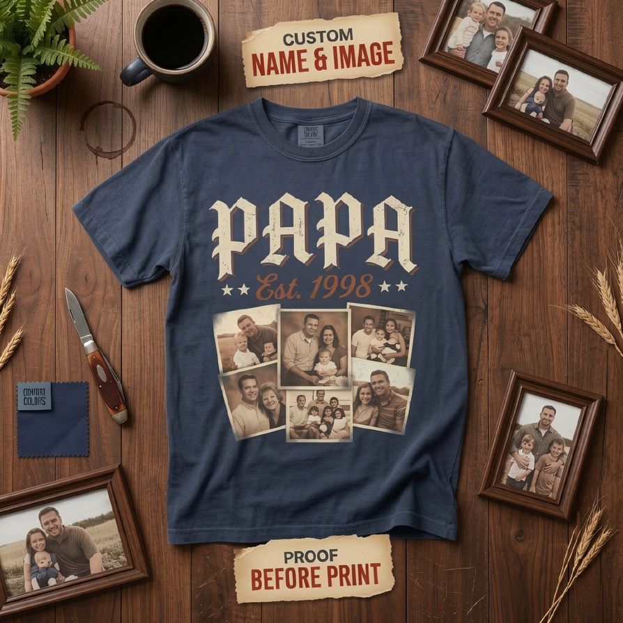 Custom Vintage Dad T-Shirt with Kids Photos & Est Year | Personalized #1 Dad Shirt for Father's Day, Retro Family Photo Tee Gift for Husband - MyPhotoSocksAu