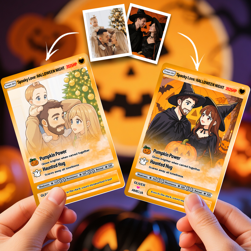 Custom Halloween & Christmas Couple Card – Personalized Cartoon Trading Card with Photo & Name, Unique Holiday Gift for Him & Her - MyPhotoSocksAu