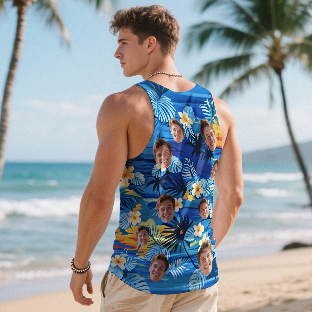 Custom Funny Face Hawaii Tank Tops Tropical Palm Leaves Summer Hawaiian Blue Tank Tops For Men - MyPhotoSocksAu