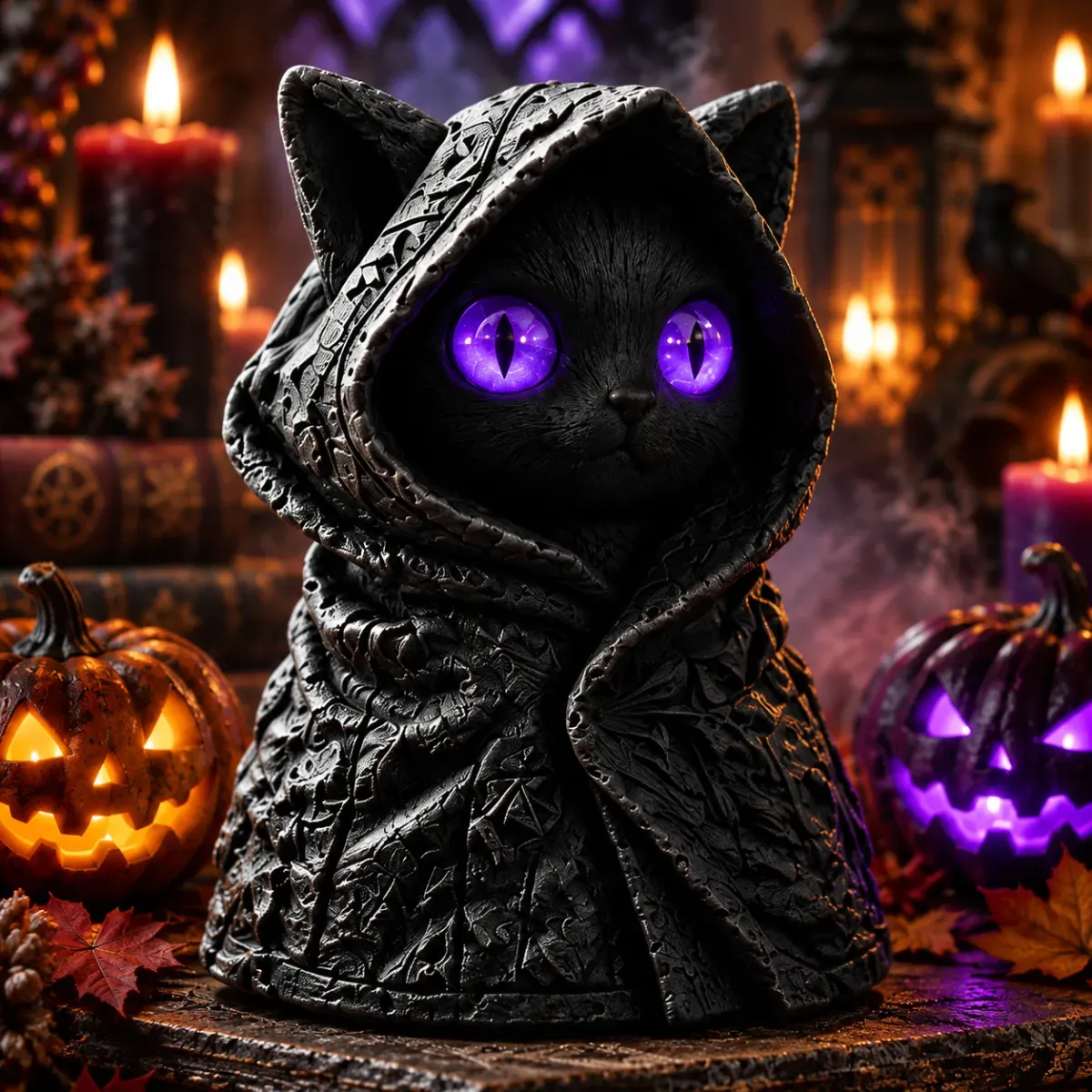 Mysterious Hooded Cat Figurine - Gothic Black Cat Statue, Fantasy Witchy Kitten Sculpture Home Decor, Perfect Gift for Cat Lovers - MyPhotoSocksAu