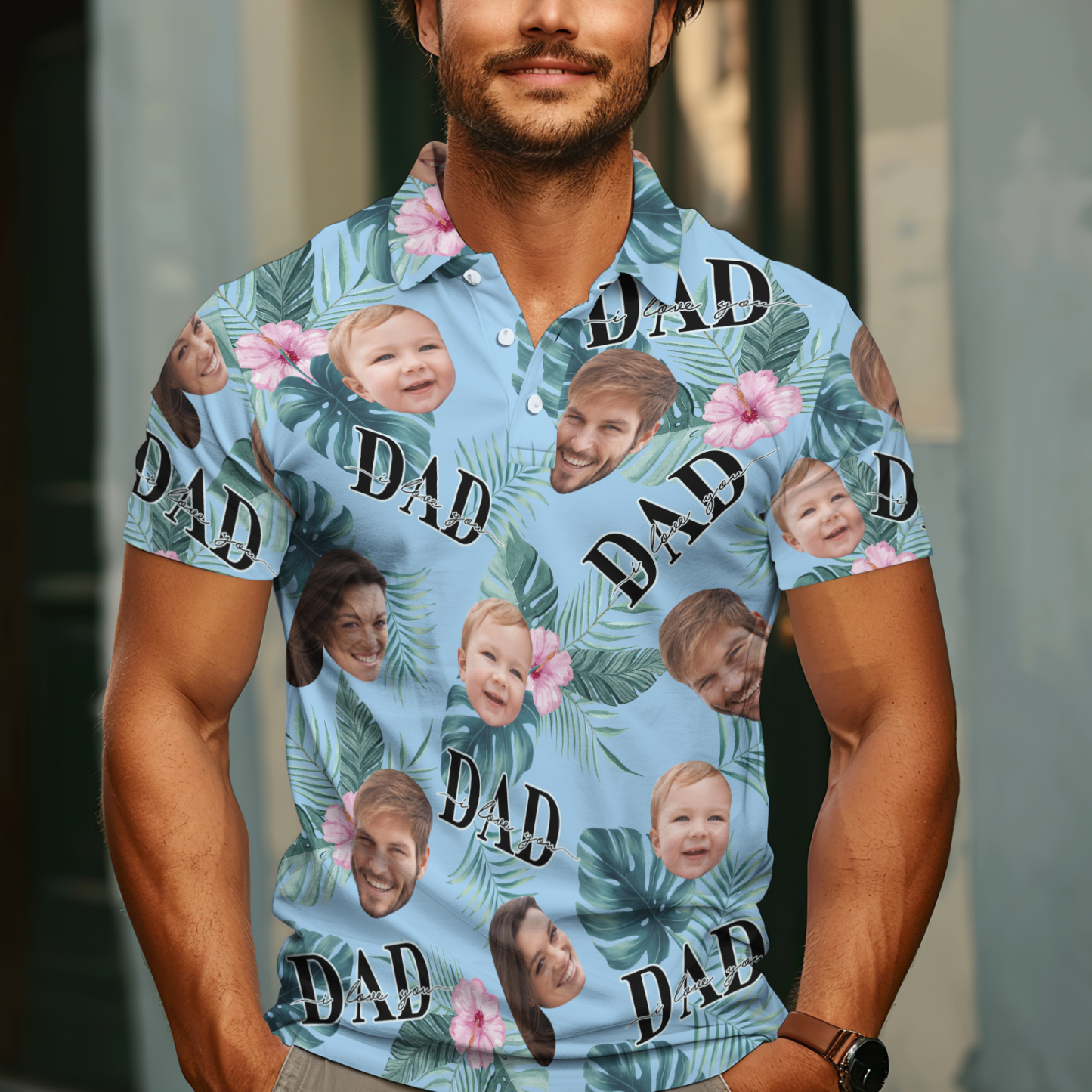Custom Face Polo Hawaiian Blue Golf Polo Shirt Dad Beard Men's Polo Shirt Fathers Day Gift - MyPhotoSocksAu