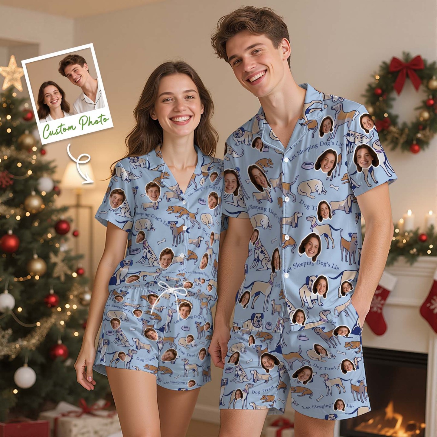 Christmas Gifts Custom Face Short Sleeved Pajamas Xmas Tree Personalised Sleepwear Love Gifts For Her - MyPhotoSocksAu