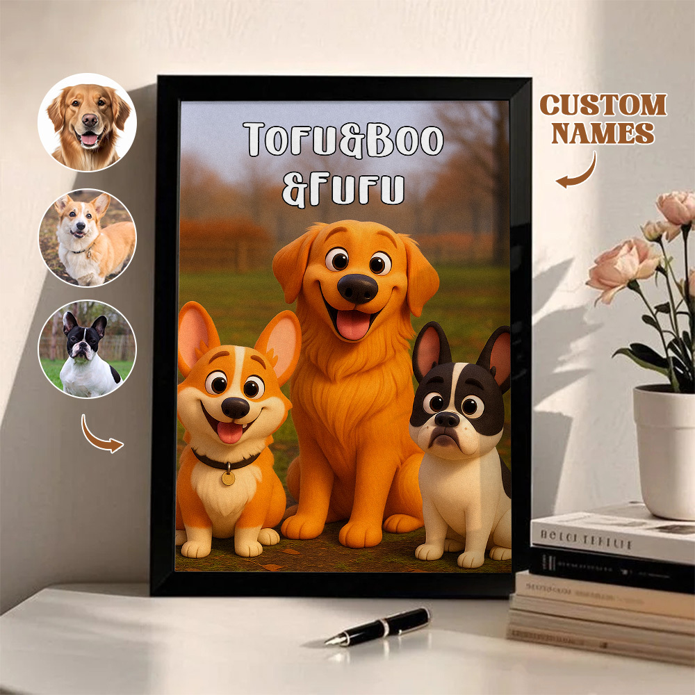 Custom Pets Photo Cartoon Wooden Frame Decorations Cute Pet Decor Plaque Gifts 3 PETS - MyPhotoSocksAu