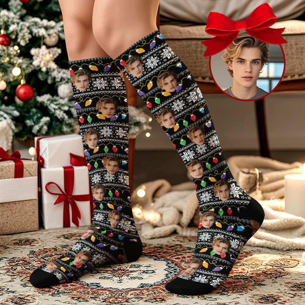 Custom Face Knee High Socks Personalized Vintage Warm Socks Merry Christmas for Lover Christmas Gifts - MyPhotoSocksAu