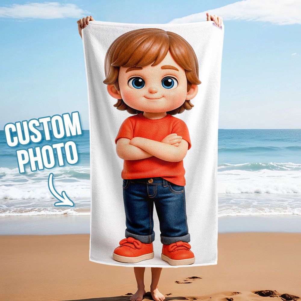 Custom Photo Beach Towel with Cartoon Design Personalized Wedding & Anniversary Gift - MyPhotoSocksAu