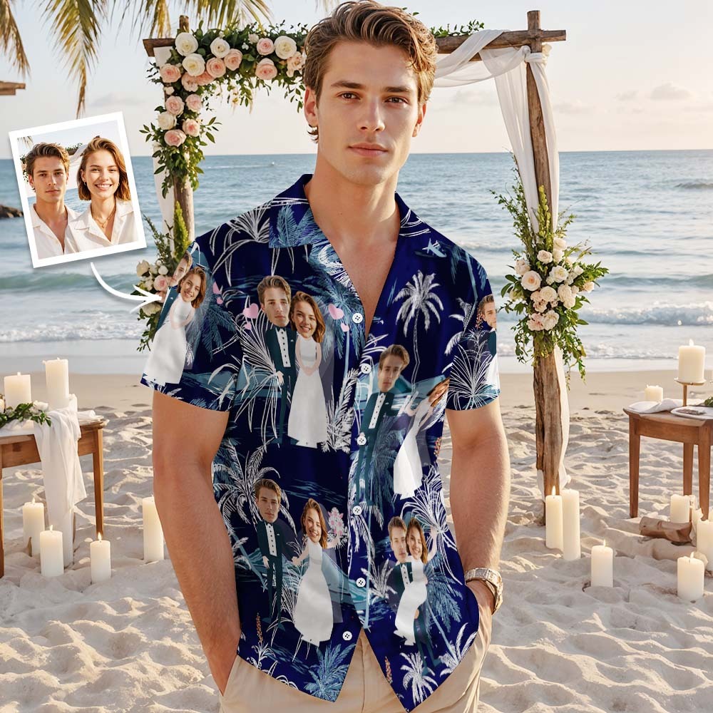 Custom Face Hawaiian Shirt Wedding Couple Face Hawaiian Shirt Personalized Blue Leaves Wedding Dress - MyPhotoSocksAu