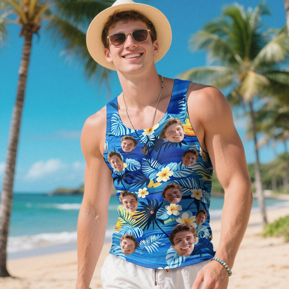 Custom Funny Face Hawaii Tank Tops Tropical Leaves Summer Hawaiian White Tank Tops For Men - MyPhotoSocksAu