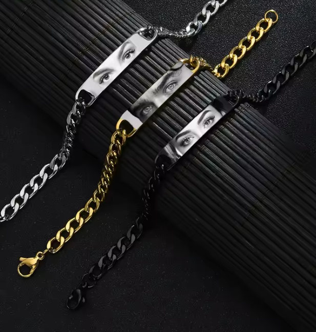 Personalized Eye Photo Bracelet for Couples - Custom Laser Engraved Stainless Steel Keepsake, Anniversary Gift - MyPhotoSocksAu