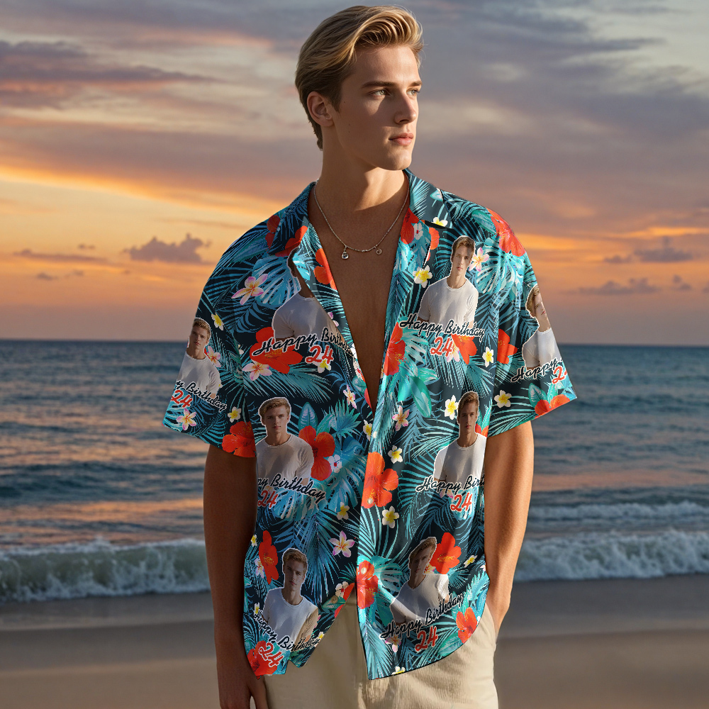 Custom Birthday Hawaiian Shirt Funny Face Date and Name Flower and Palm Tree Shirt 5-STYLES - MyPhotoSocksAu