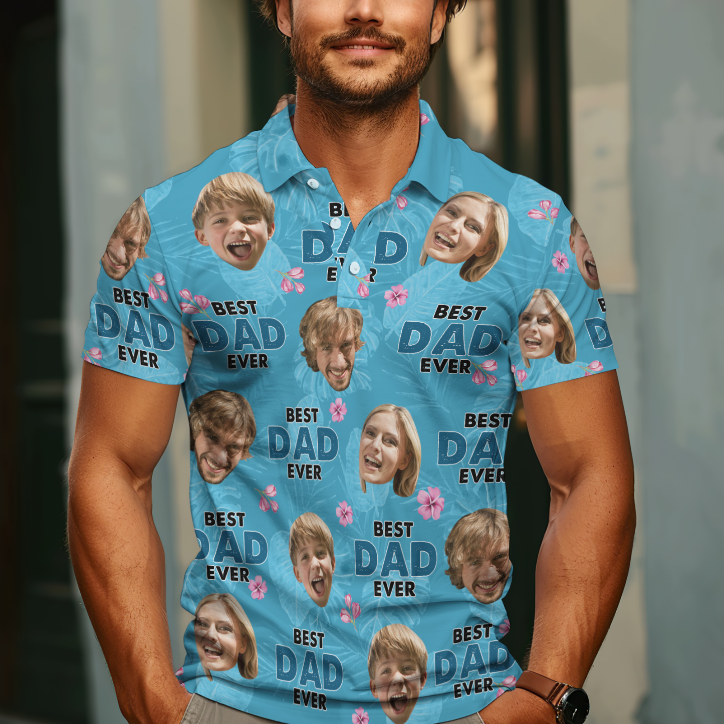 Custom Face Polo Hawaiian Blue Golf Polo Shirt Dad Beard Men's Polo Shirt Fathers Day Gift - MyPhotoSocksAu
