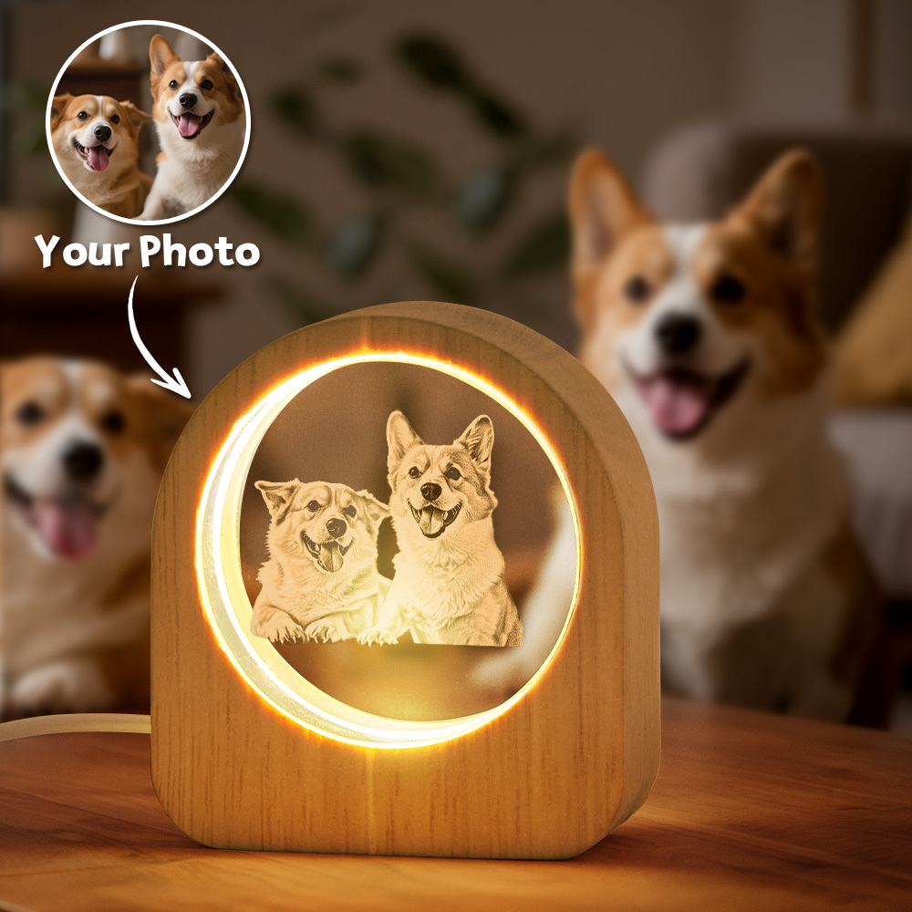 Custom Crystal Picture Photo Glass Night Light - LED Light Wooden Base, Unique Gift for Lover, Pets, Birthday - MyPhotoSocksAu