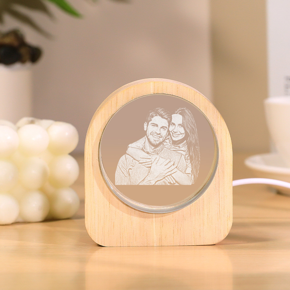 Custom Crystal Picture Photo Glass Night Light - LED Light Wooden Base, Unique Gift for Lover, Pets, Birthday - MyPhotoSocksAu