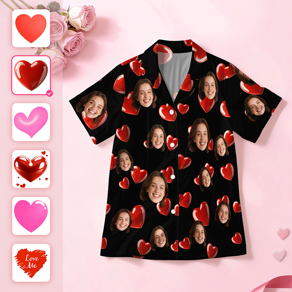 Custom Face Short Sleeve Pajamas Personalised Heart Face Couple Sleepwear Valentine Love Gifts For Her - MyPhotoSocksAu