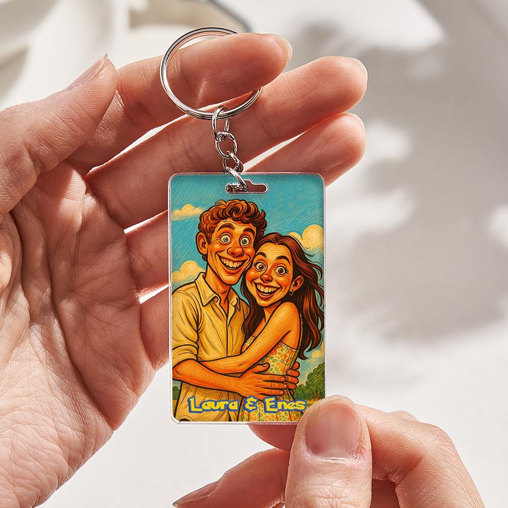 Custom Anime Style Couple Keychain �C Personalized Cartoon Gift with Photo & Text Acrylic Keychain Gift - MyPhotoSocksAu