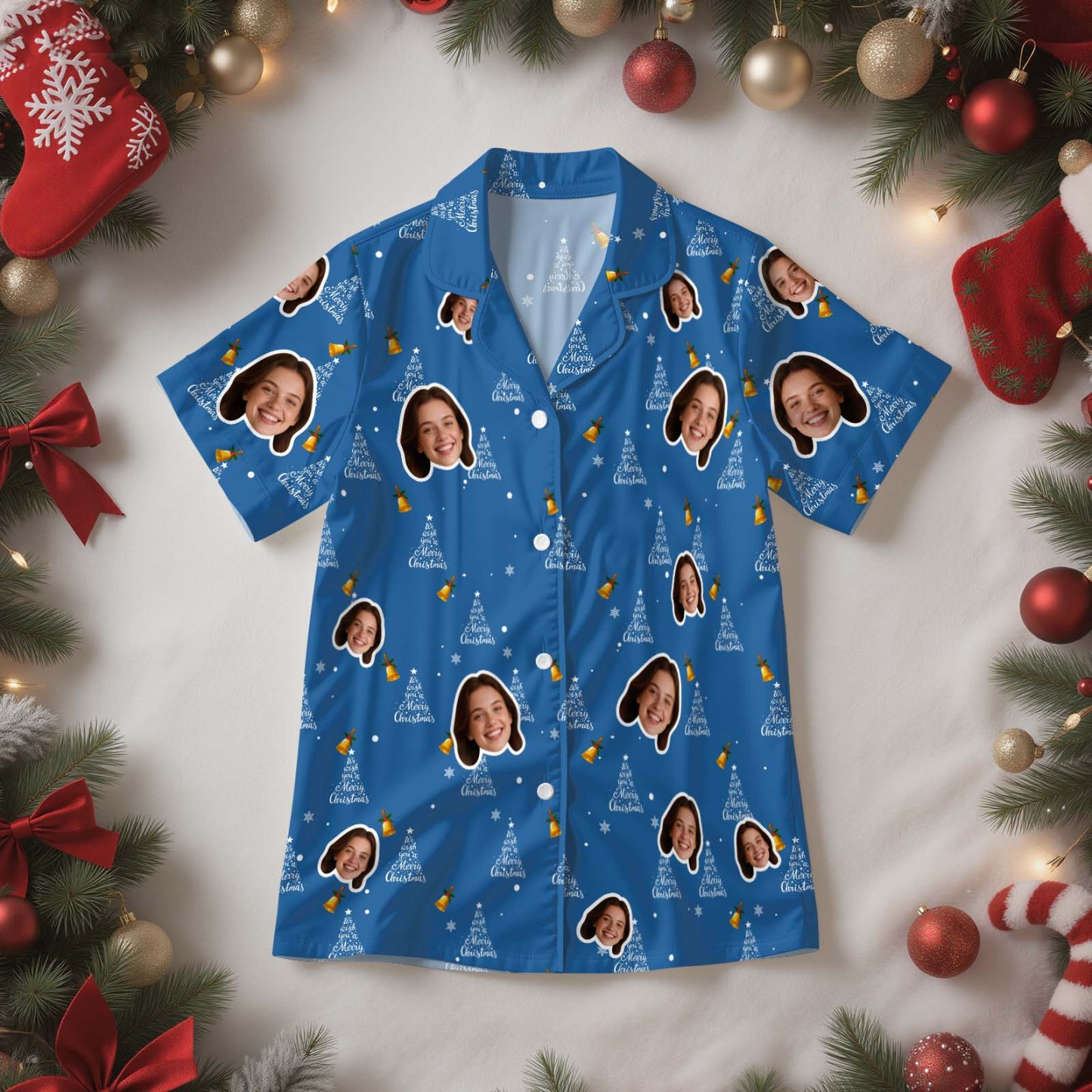 Christmas Gifts Custom Face Short Sleeved Pajamas Xmas Tree Personalised Sleepwear Love Gifts For Her - MyPhotoSocksAu