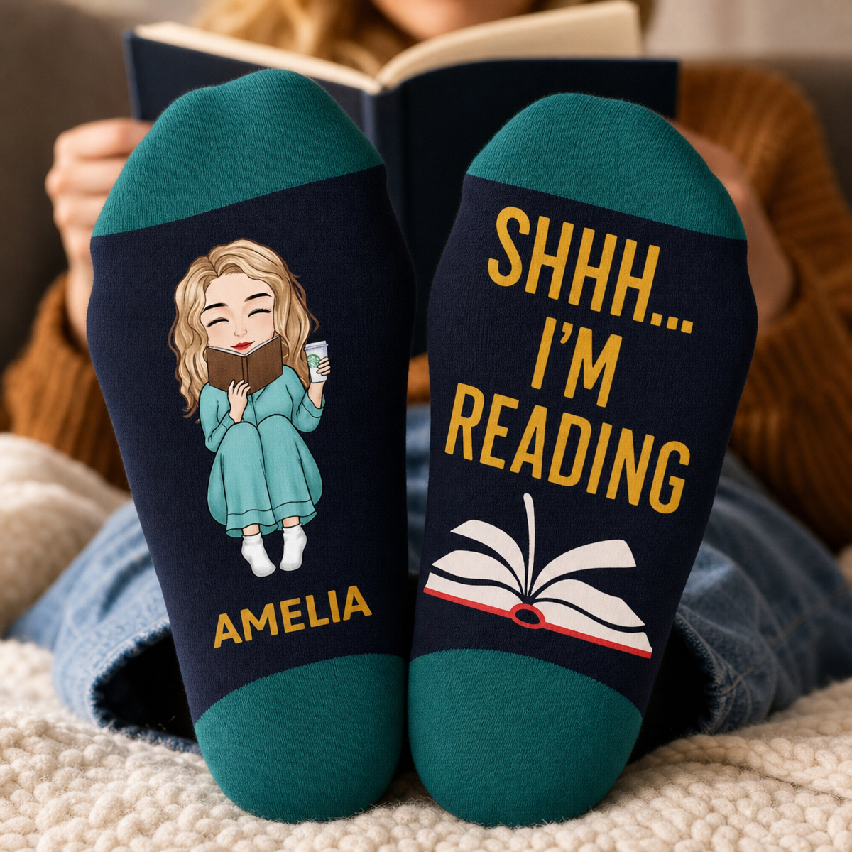 Custom Crew Socks - Personalized Bookish Gifts For Book Lovers, Bookworms, Readers - This Is My Reading Zone - MyPhotoSocksAu