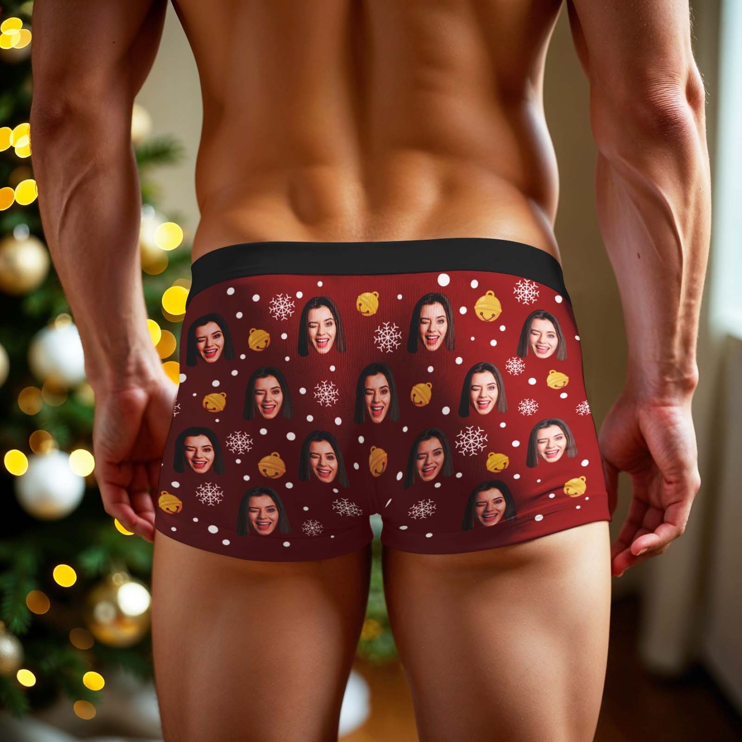 Custom Face Men's Boxer Underwear Snowflake Bells Boxer Personalized Photo Funny Men's Boxer Briefs Christmas Gift - MyPhotoSocksAu