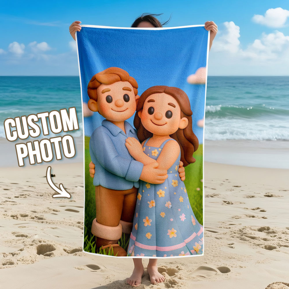 Custom Photo Beach Towel with Cartoon Design Personalized Wedding & Anniversary Gift - MyPhotoSocksAu