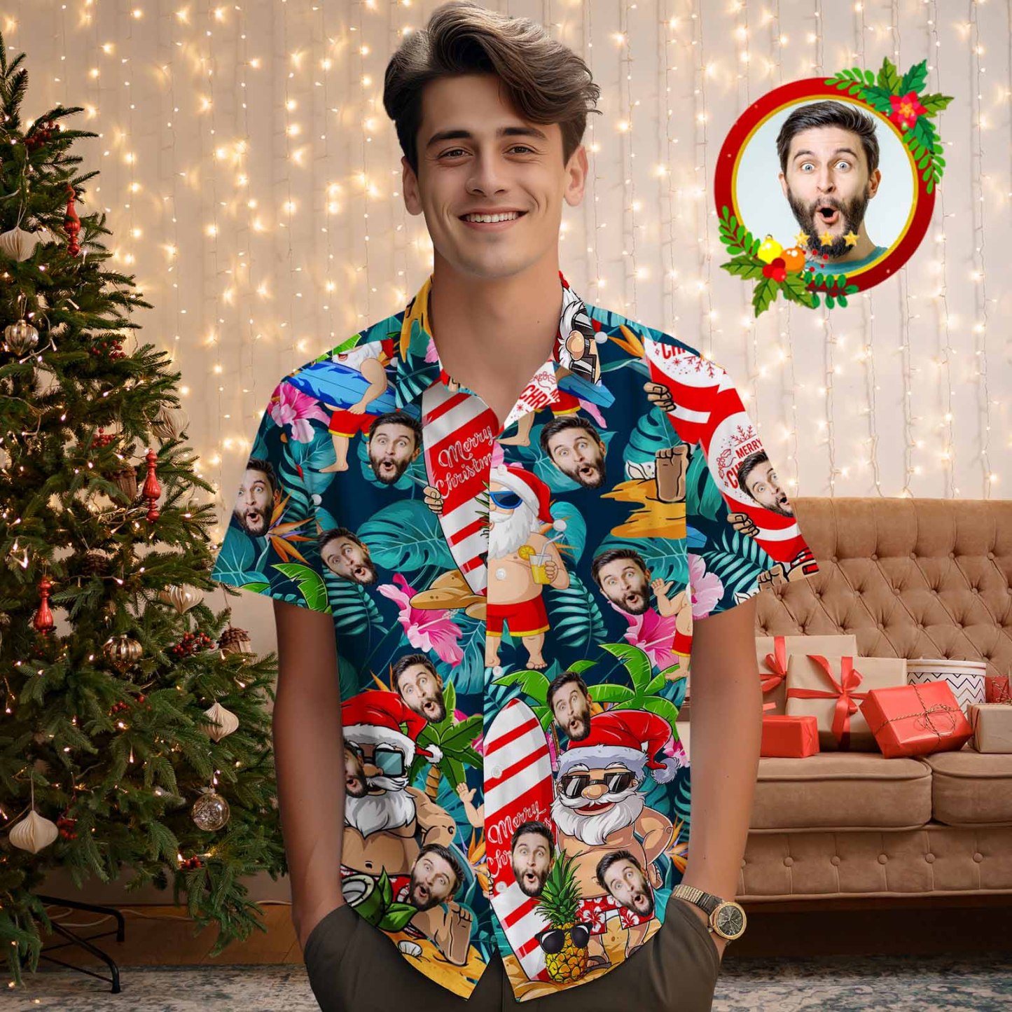 Custom Face Men's Hawaiian Shirt Personalized Santa Beach Holiday Christmas Hawaiian Shirt - MyPhotoSocksAu