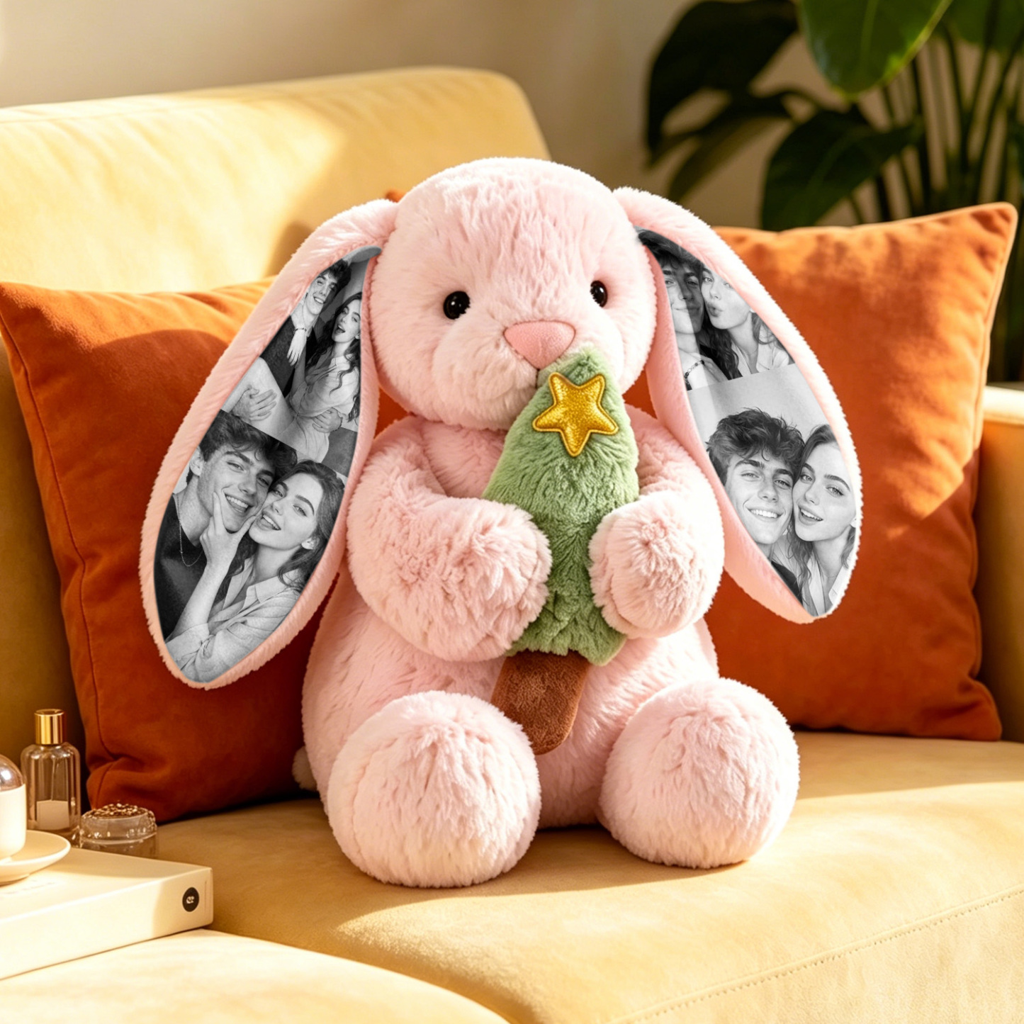 Custom Photo Pink Rose Bunny Plush Personalized Hidden Ear Picture Bunny Gift for Couples Anniversary Gifts - MyPhotoSocksAu