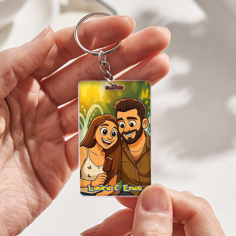 Custom Anime Style Couple Keychain �C Personalized Cartoon Gift with Photo & Text Acrylic Keychain Gift - MyPhotoSocksAu