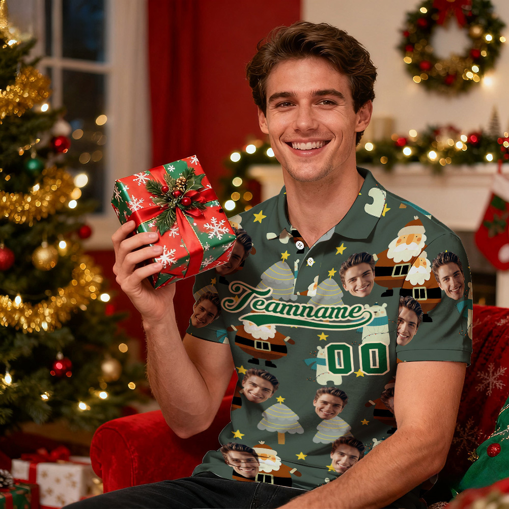 Custom Face and Text Green Red-White Christmas Santa Claus Performance Golf Polo Shirt - MyPhotoSocksAu