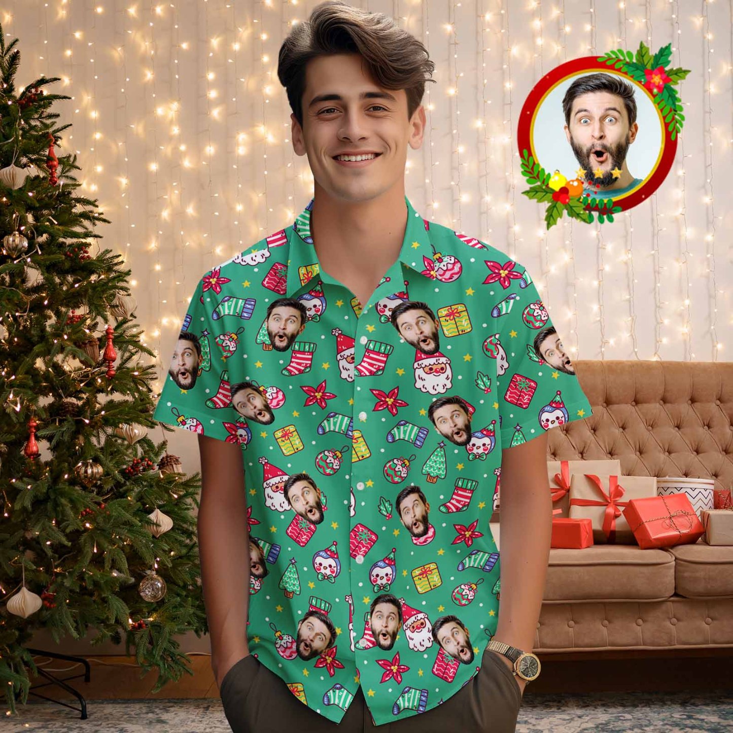 Custom Face Men's Hawaiian Shirt Personalized Santa Beach Holiday Christmas Hawaiian Shirt - MyPhotoSocksAu