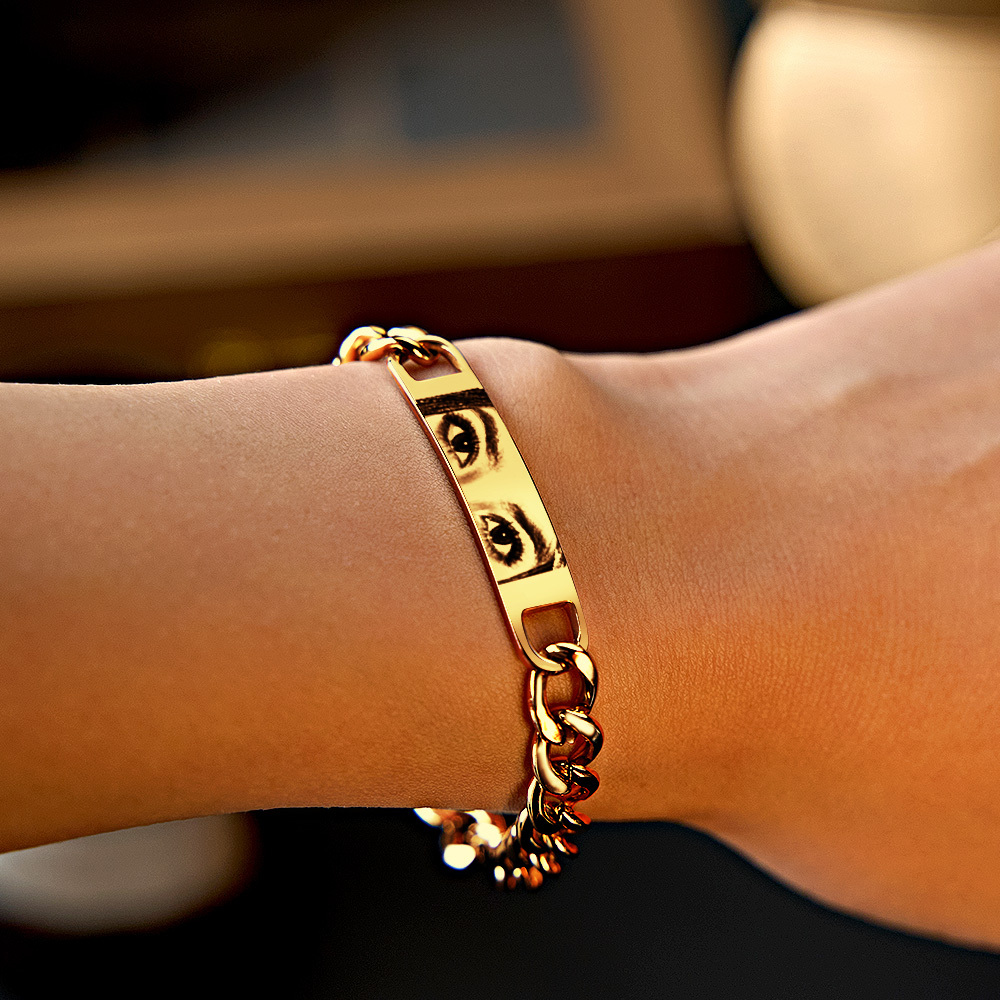 Personalized Eye Photo Bracelet for Couples - Custom Laser Engraved Stainless Steel Keepsake, Anniversary Gift - MyPhotoSocksAu