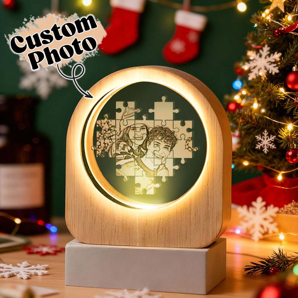 Christmas Gift Custom Crystal Picture Photo Glass Night Light - LED Light Wooden Base, Unique Gift for Lover, Pets, Birthday - MyPhotoSocksAu