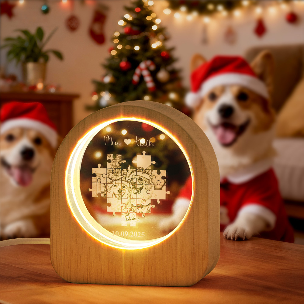 Christmas Gift Custom Crystal Picture Photo Glass Night Light - LED Light Wooden Base, Unique Gift for Lover, Pets, Birthday - MyPhotoSocksAu