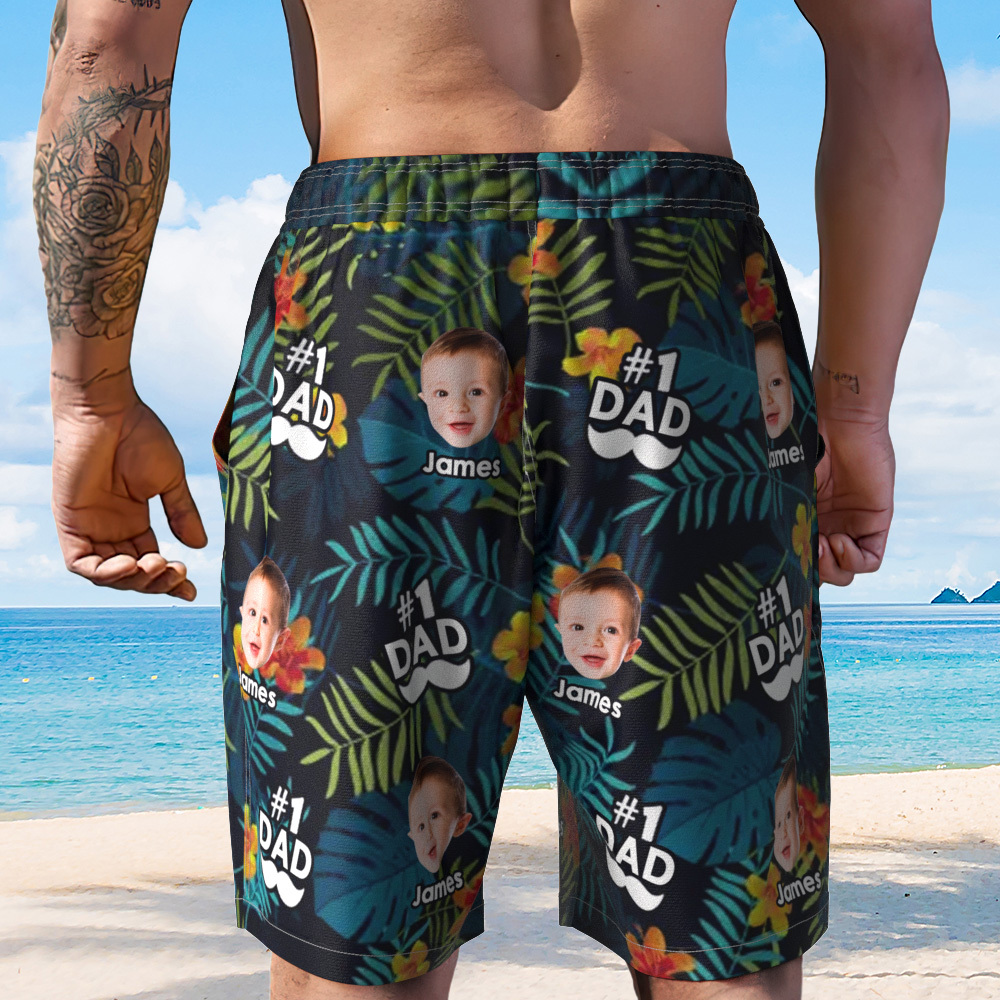 Personalized Face Mens Swim Trunks Custom Best Dad Ever Tropical Swim Blue Shorts Fathers Day Gift - MyPhotoSocksAu