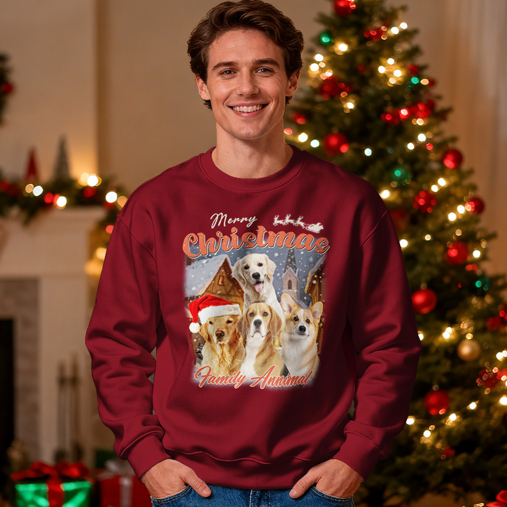Custom Face Round Neck Hoodie Custom Your Pet Retro Vintage Portrait Christmas Sweatshirt - MyPhotoSocksAu
