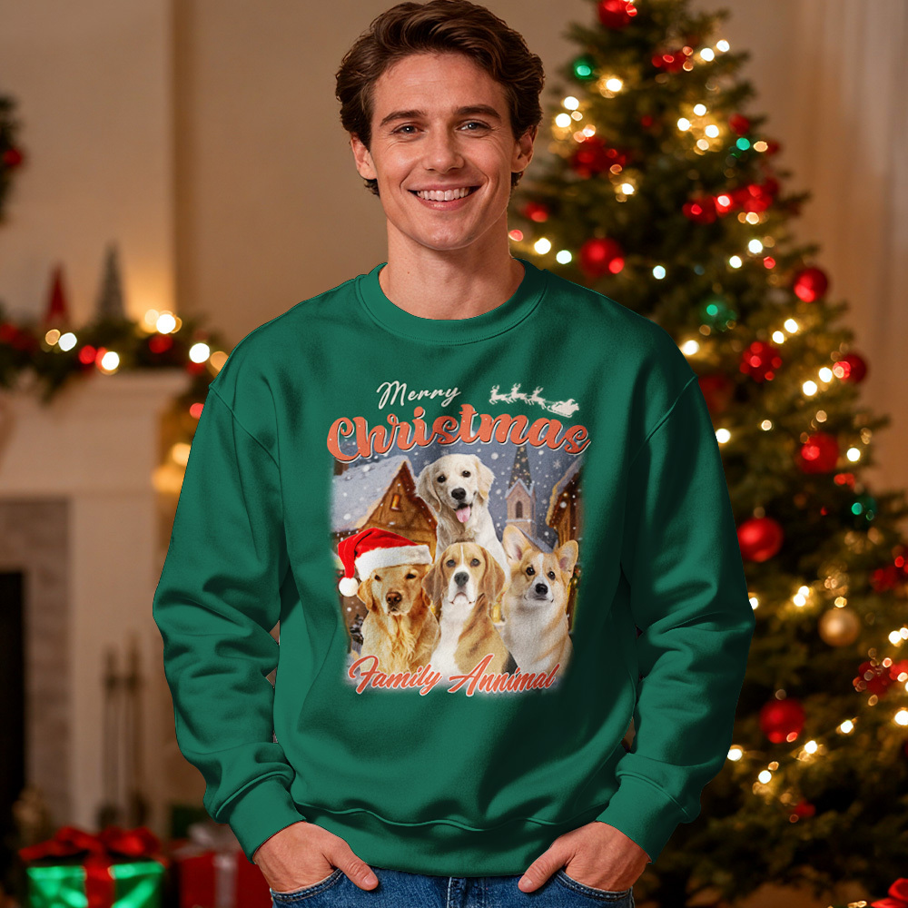 Custom Face Round Neck Hoodie Custom Your Pet Retro Vintage Portrait Christmas Sweatshirt - MyPhotoSocksAu
