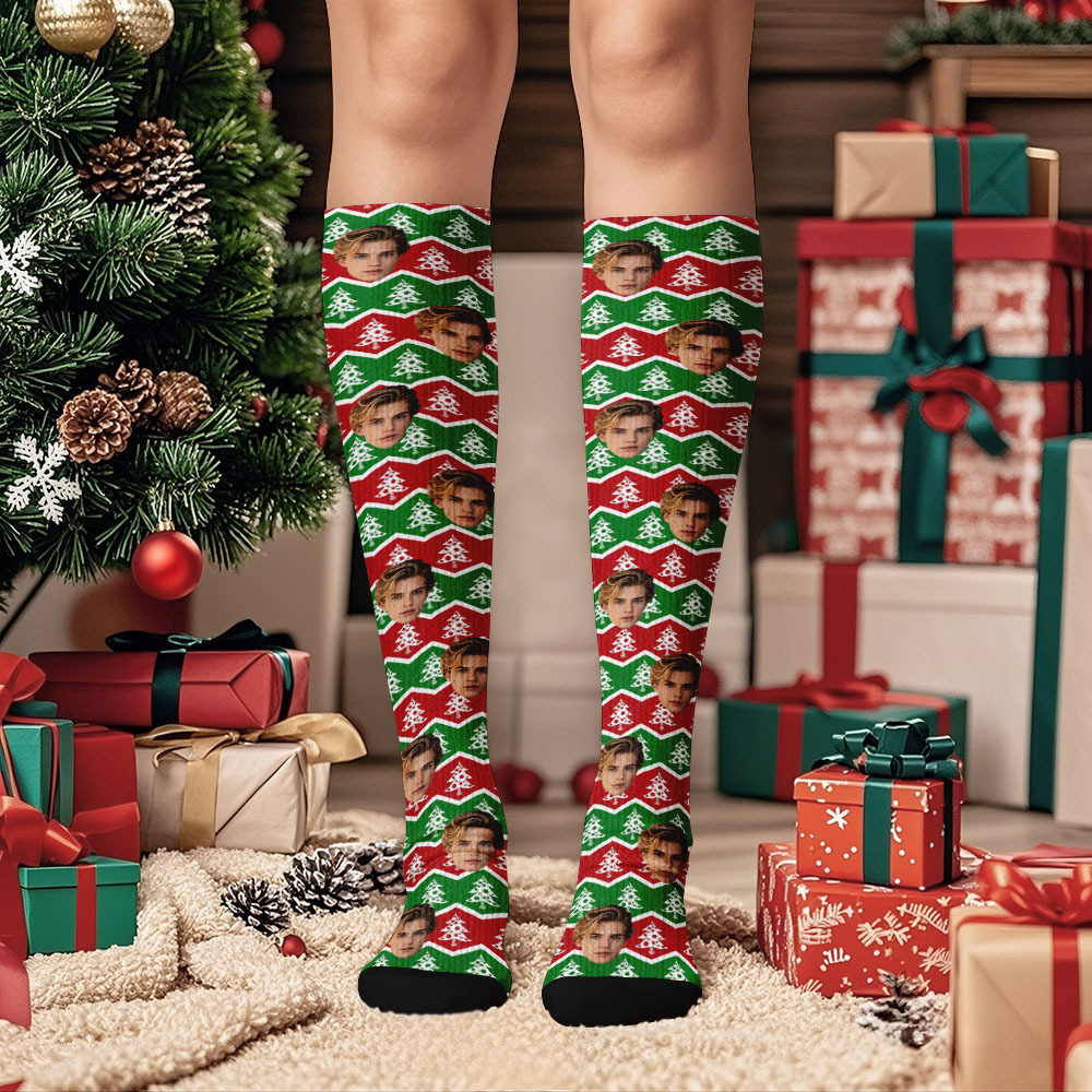 Custom Face Knee High Socks Personalized Vintage Warm Socks Merry Christmas for Lover Christmas Gifts - MyPhotoSocksAu