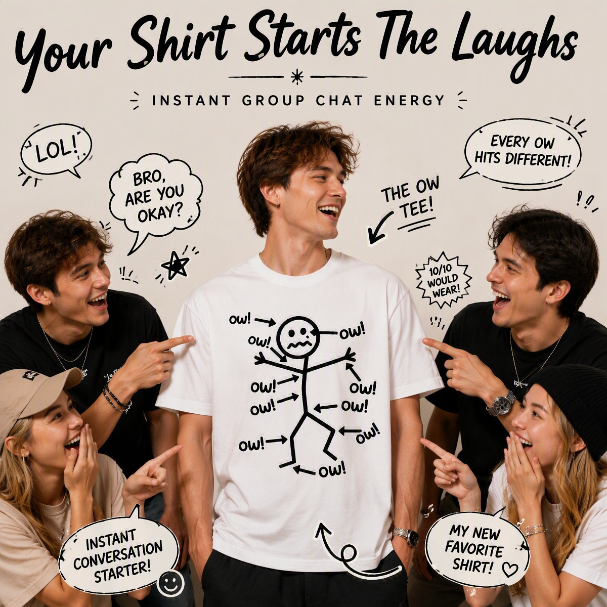Funny Ow Ow Ow Ow Saying Body Pain Character Humor Sarcastic T-Shirt - MyPhotoSocksAu