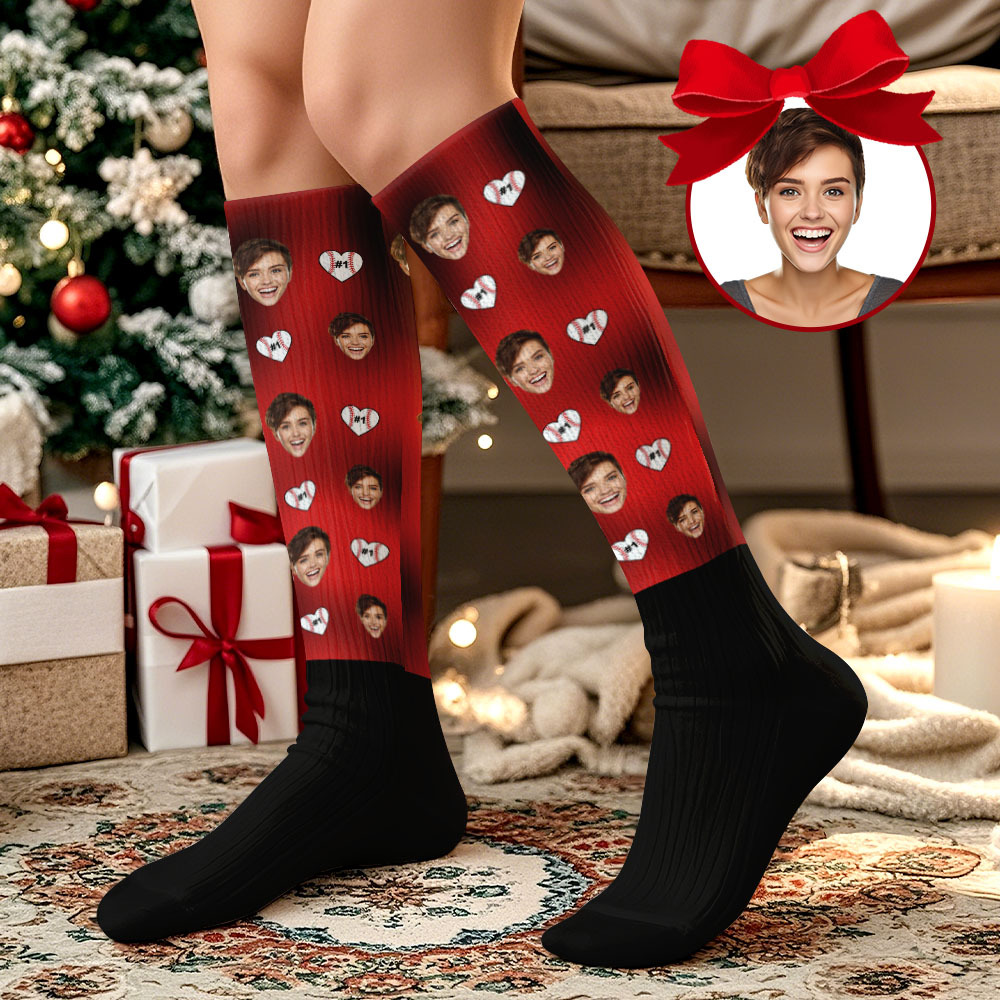 Christmas Gifts Custom Face Knee High Socks Personalized Xmas Socks Merry Christmas Heart - MyPhotoSocksAu