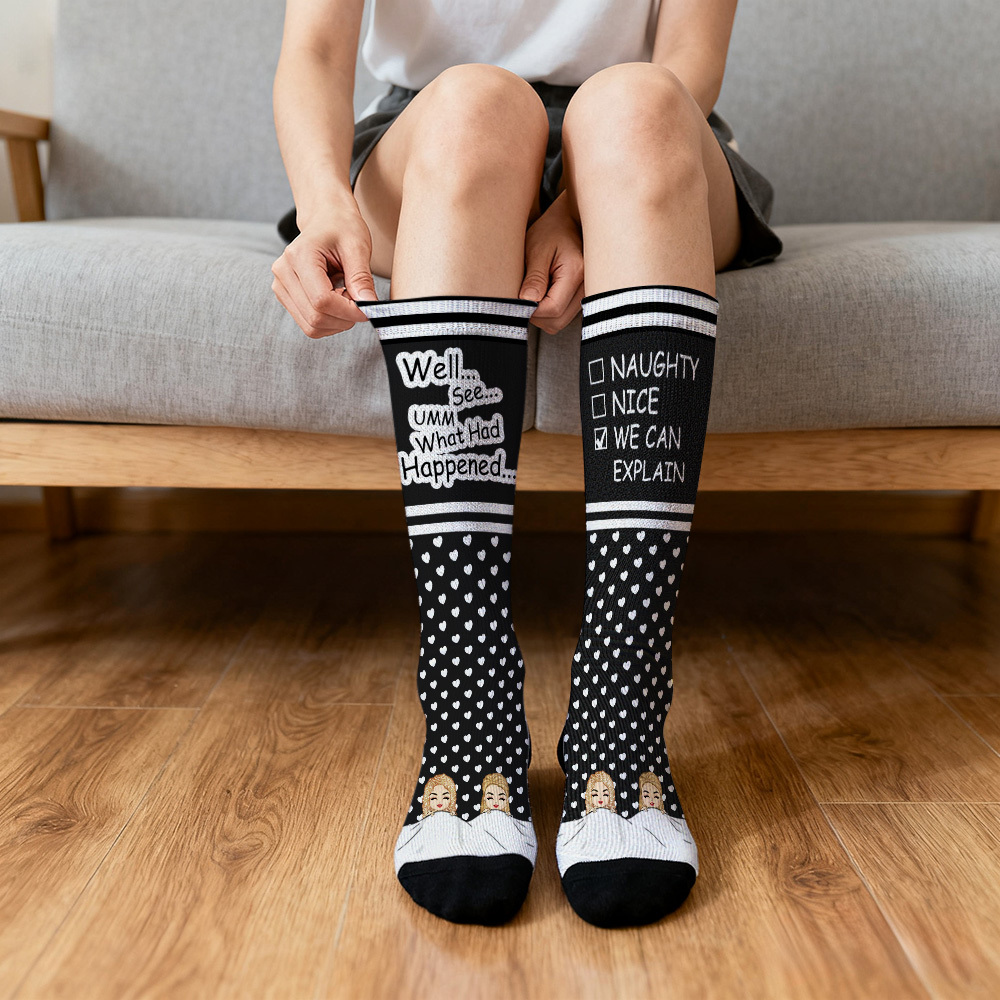 Custom Face Compression Socks Personalized Knee High Socks Blue Cartoon Socks We Can Explain Gift For Couple Lover Valentine's Day Gift - MyPhotoSocksAu