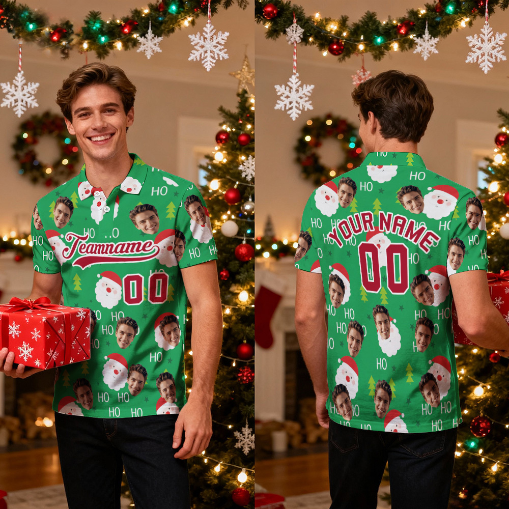 Custom Face and Text Green Red-White Christmas Santa Claus Performance Golf Polo Shirt - MyPhotoSocksAu
