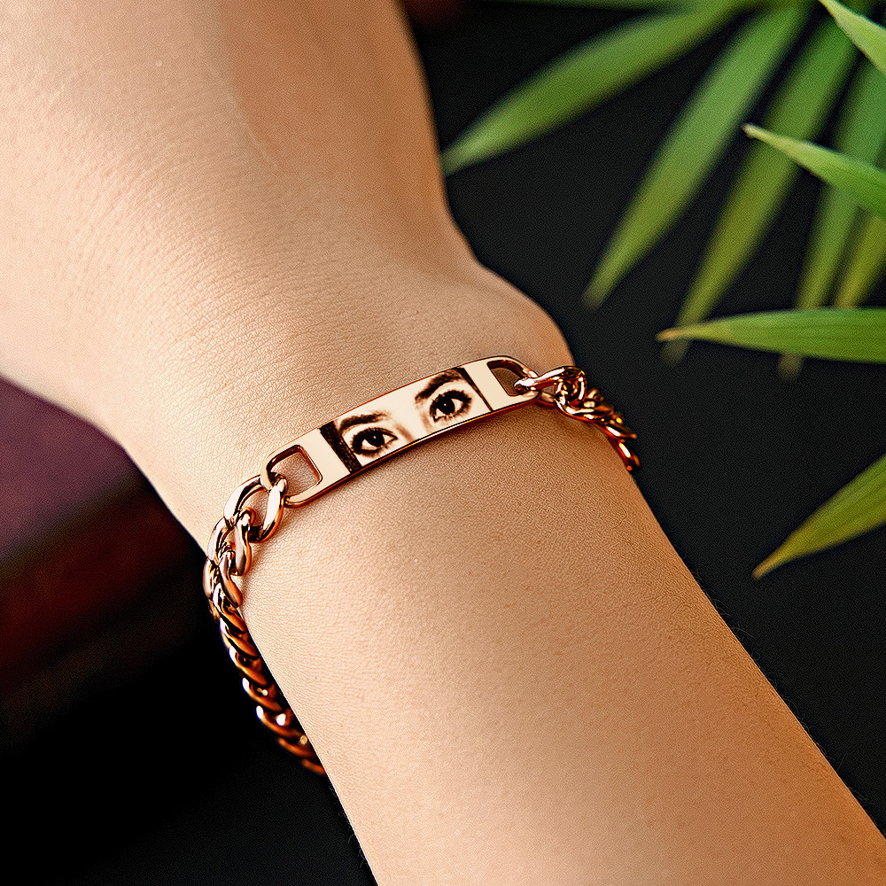 Personalized Eye Photo Bracelet for Couples - Custom Laser Engraved Stainless Steel Keepsake, Anniversary Gift - MyPhotoSocksAu