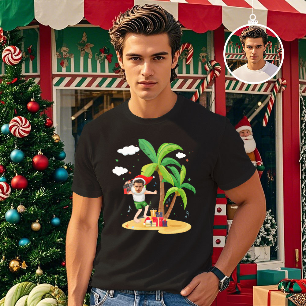 Custom Face T-shirt Santa Colorful Light Tree Tshirt Lights Xmas Funny T-Shirt - MyPhotoSocksAu