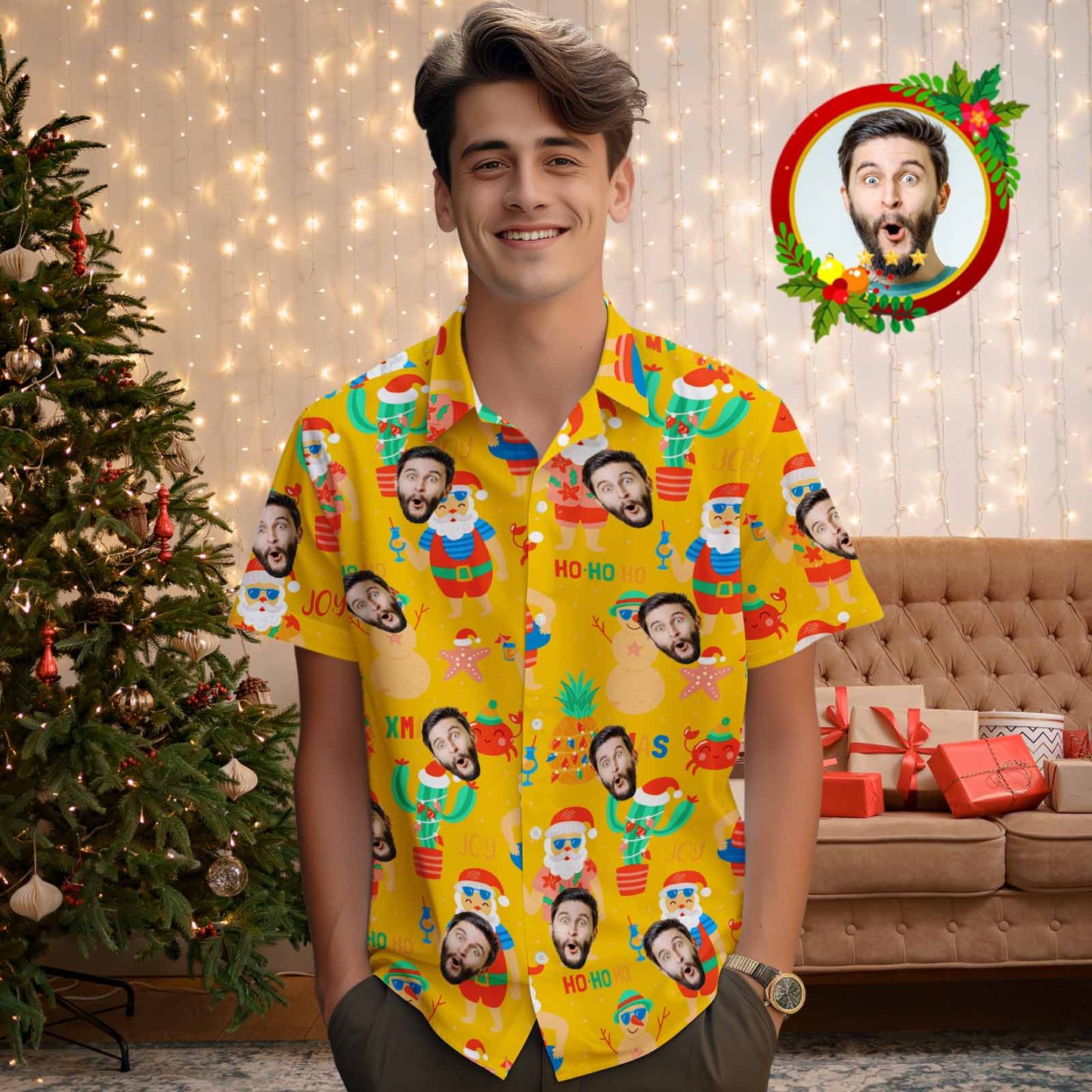 Custom Face Men's Hawaiian Shirt Personalized Santa Beach Holiday Christmas Hawaiian Shirt - MyPhotoSocksAu