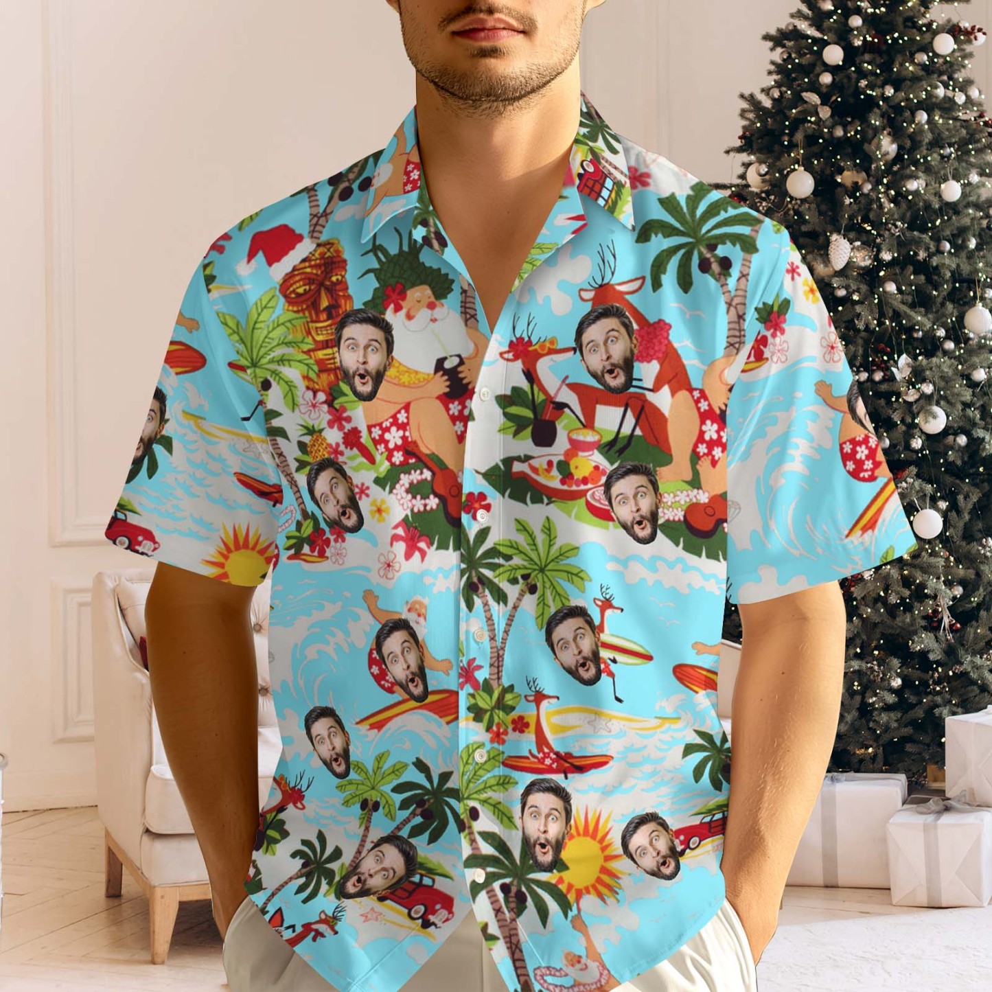 Custom Face Men's Hawaiian Shirt Personalized Santa Beach Holiday Christmas Hawaiian Shirt - MyPhotoSocksAu