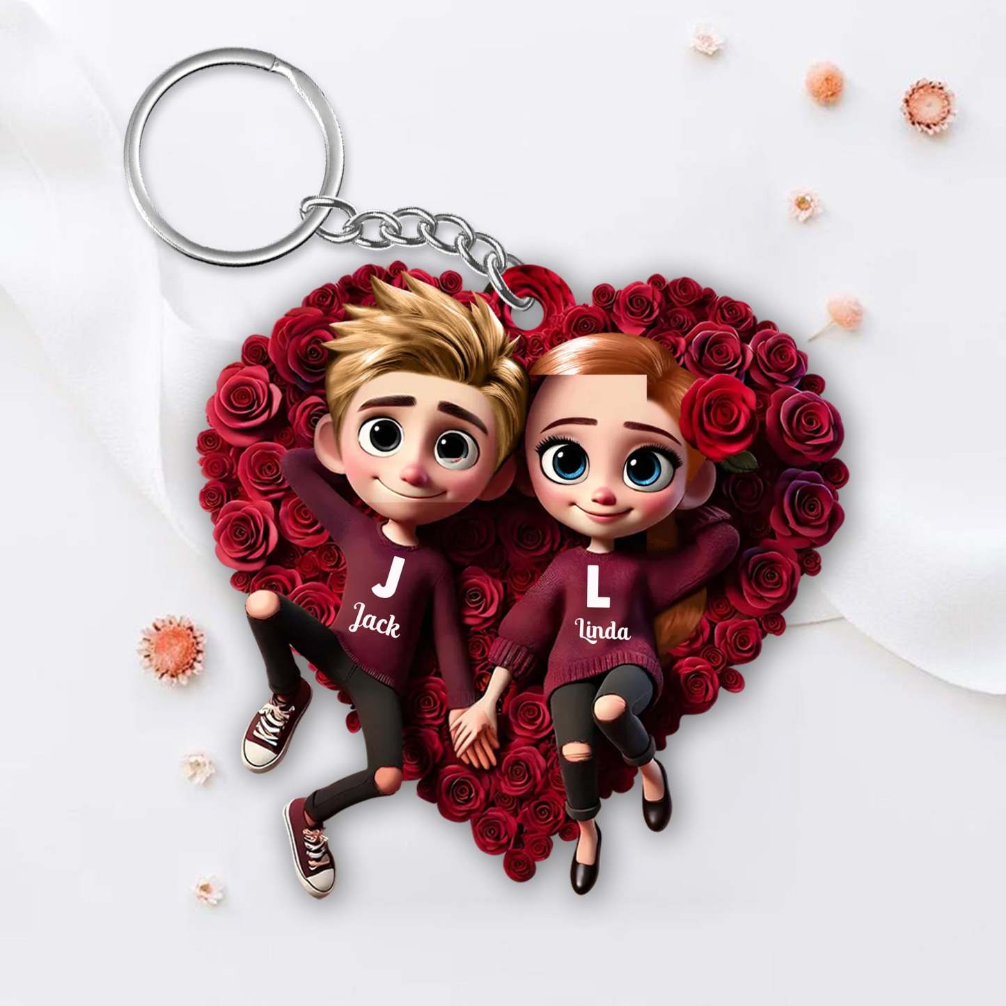 Romantic Rose Heart Couple Keychain - Personalized Valentine's Day Gift
