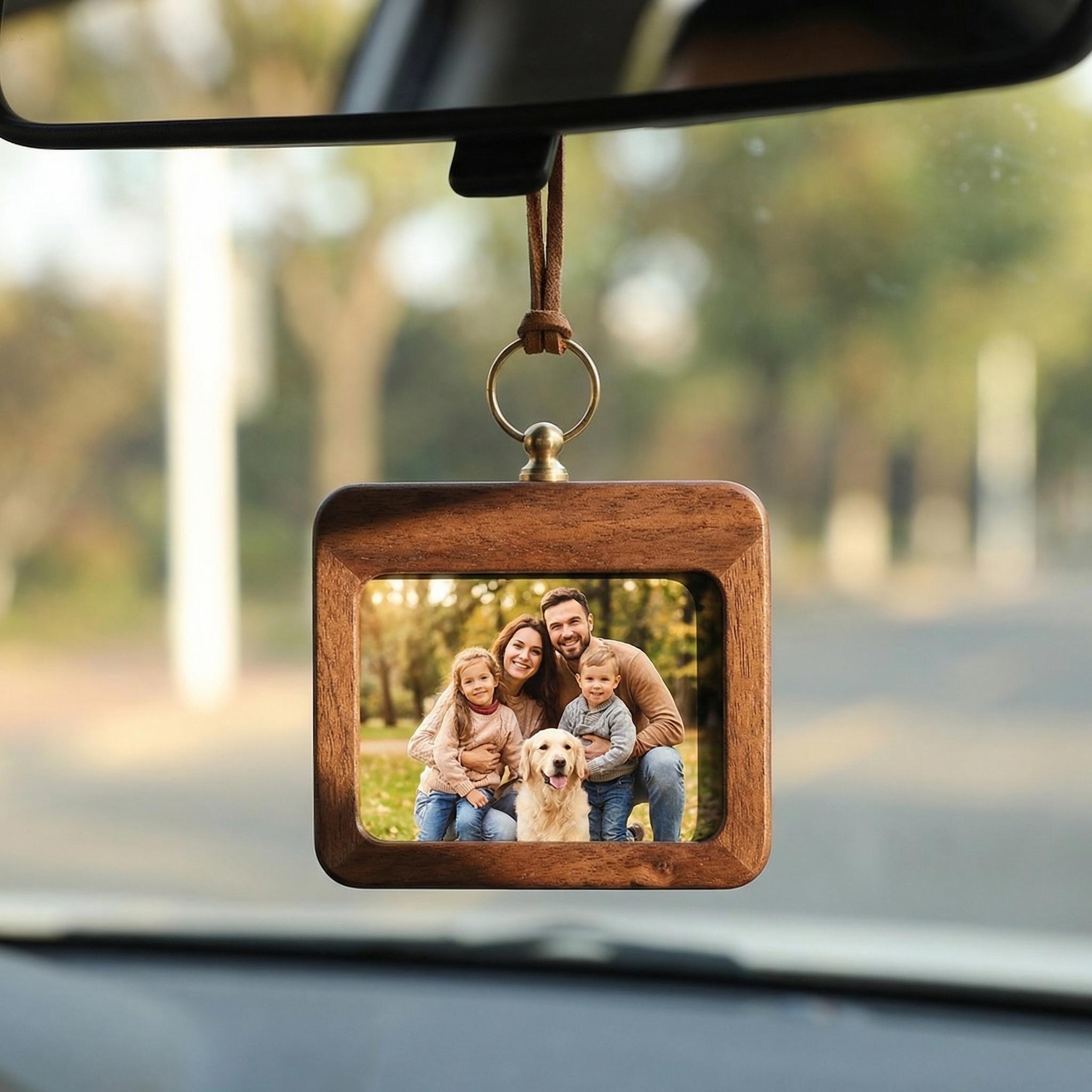 Personalized Wood Car Charm Photo Ornament | Custom Rearview Mirror Picture Frame | Gift for Husband Boyfriend, Fathers Day Gift from Kids