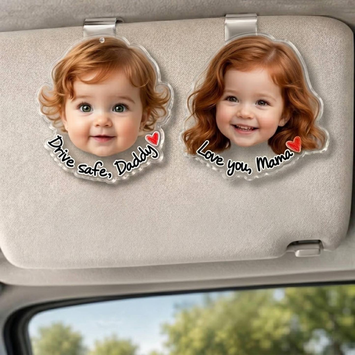 Custom Funny Baby Face Photo Car Visor Clip, Fathers Day Gift For Dad, Kids Photo Visor Clip, Drive Safe Daddy Gift, We Love You Daddy Gifts - MyPhotoSocksAu