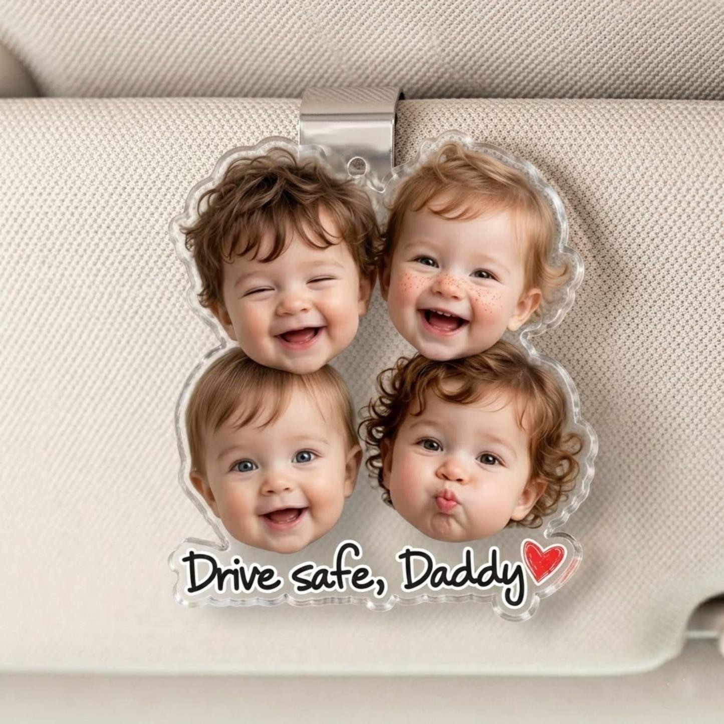 Custom Funny Baby Face Photo Car Visor Clip, Fathers Day Gift For Dad, Kids Photo Visor Clip, Drive Safe Daddy Gift, We Love You Daddy Gifts - MyPhotoSocksAu