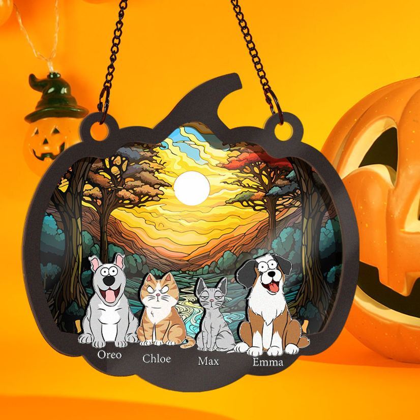 Happy Halloween With Fur Babies - Personalized Window Hanging Suncatcher Ornament - MyPhotoSocksAu