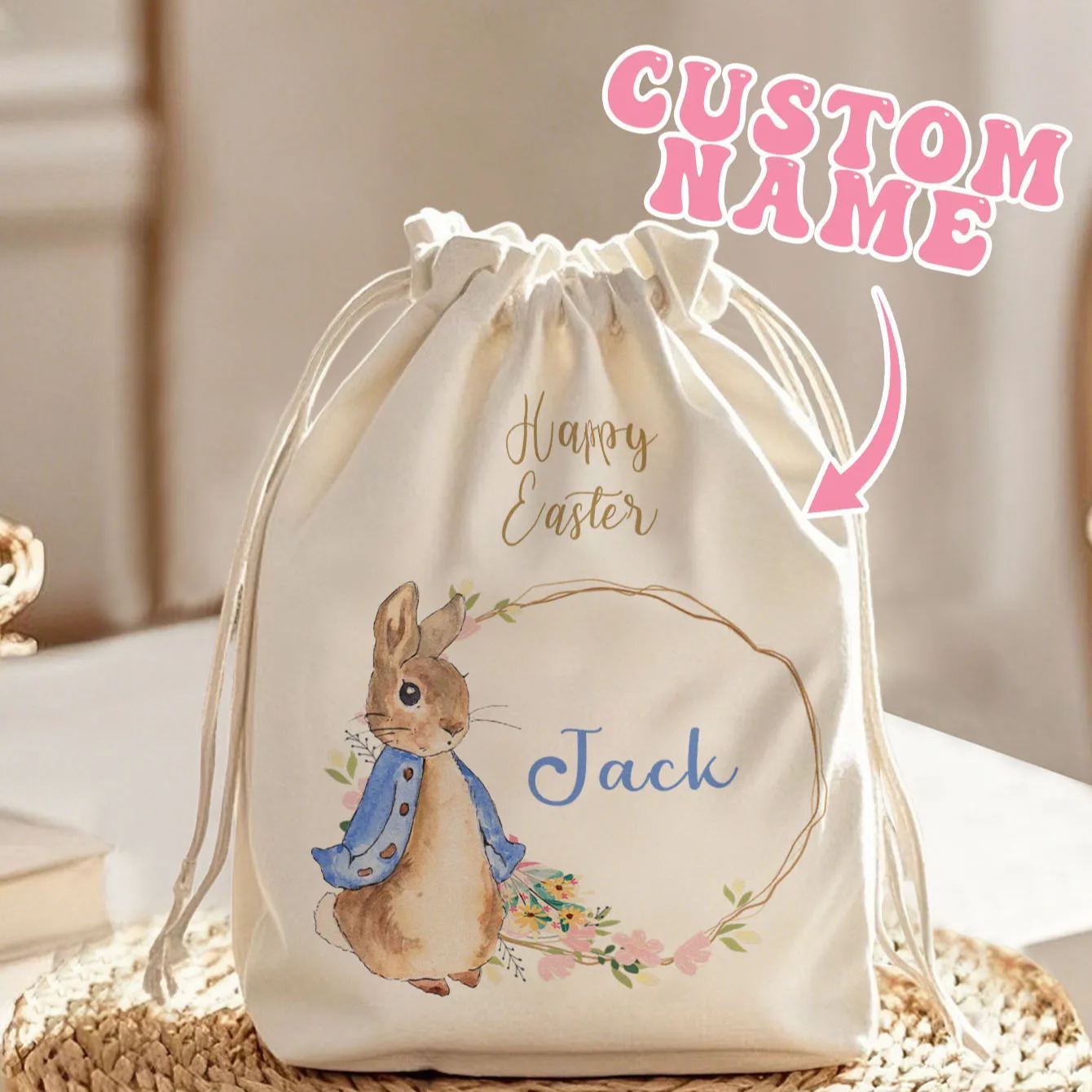 Personalized Cute Peter Rabbit Drawstring Canvas Bag with Initials and Name Easter Egg Hunt Basket Birthday Party Favor for Kids - MyPhotoSocksAu