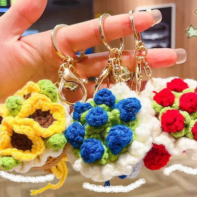 Lovely Gift Wool Knitted Bouquet Keychain Simulation Sunflower Bag Charm Pendant Graduation Gift - MyPhotoSocksAu